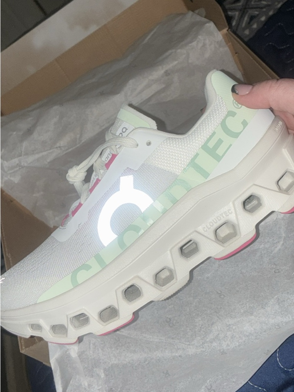 On cloud monster 2. Lightweight Women's Athletic Sneakers in White, Mint & Pink - Picture 2 of 6